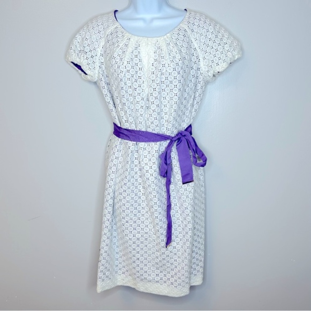 Carolina Herrera White Eyelet Belted Dress with Purple Cotton Lining Size‎ 8